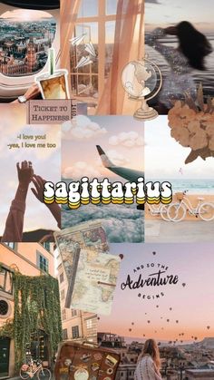 a collage of images with the words sagittatus above them and an image of a woman holding a suitcase