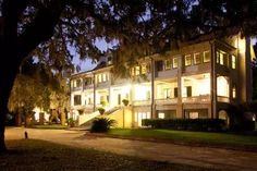 an apartment building lit up at night with trees in the foreground and lights on