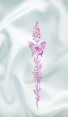 a pink flower and butterfly tattoo on a white satin background with the word love written across it