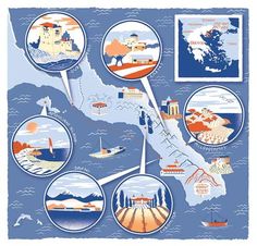 an illustrated map with many different things in the world on it, including water and land