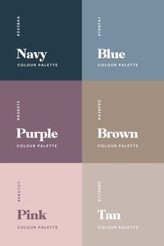 four different color palettes with the words purple, tan, blue and pink on them