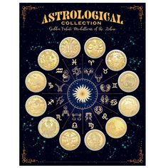 the astrological collection with twelve gold coins and zodiac symbols in front of a black background