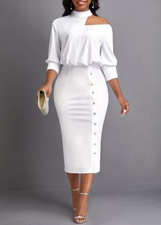 ROTITA Asymmetry White Stand Collar Bodycon Dress Formal Dressing For Women Office Outfits, Formal Church Dresses, Formal Dresses For Work Offices, White Dresses For Church, Pencil Dress Outfit Casual, Pencil Dress Outfit Classy, Stylish Church Outfits, Pencil Gown, White Pencil Dress