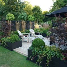 an outdoor patio area with chairs, tables and plants