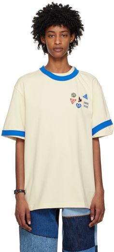 Cotton-blend jersey T-shirt. · Layered construction · Rib knit trim at crewneck and cuffs · Printed graphics and embroidered appliqués at chest · Logo flag at back Supplier color: Ivory Patch Tshirt, Nba Fashion, Ader Error, T Shorts, Clothing Logo, Knitted Tshirt, Color Ivory, Sports Shirts, Football Shirts