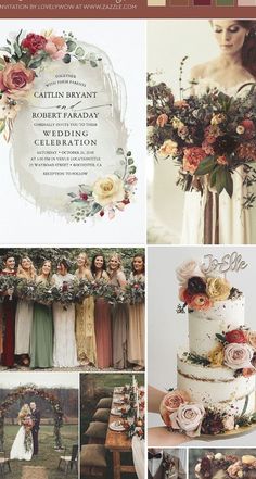 a collage of wedding photos with flowers and greenery on the top, in different colors