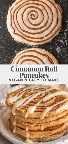 cinnamon roll pancakes are stacked on top of each other