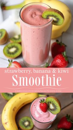 strawberry banana and kiwi smoothie with strawberries on the side