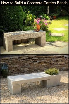 a concrete bench sitting in the middle of a garden