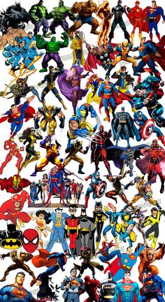 a large group of superheros are shown in this image, all different colors and sizes