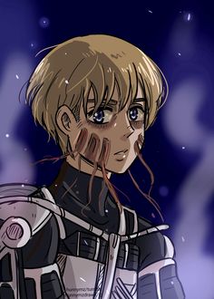 an anime character with blonde hair and blue eyes wearing armor, standing in the snow