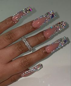 Nail Art Crystals Rhinestones, Birthday Nails Rhinestones Diamonds, Prom Nails Diamonds, Nail Ideas Jewels, All Diamond Nails, Blinged Out Nail Sets, Nails Diamonds Rhinestone, Prom Nails Black Women, Diamond Acrylics