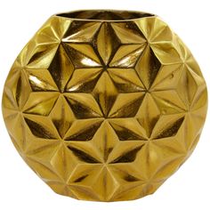 an image of a gold vase with geometric design on the front and side, measurements