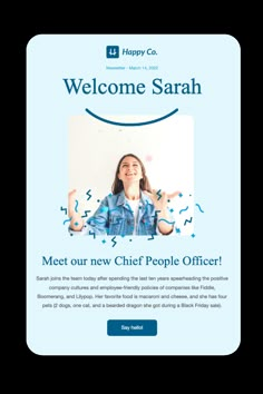 the homepage for happy co's new website, welcome sarah on twitter