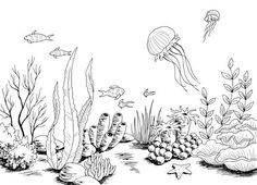 an underwater scene with jellyfish, corals and seaweed