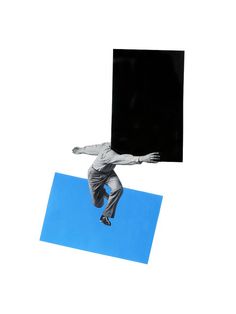 a person jumping in the air with a black square above their head on a blue mat