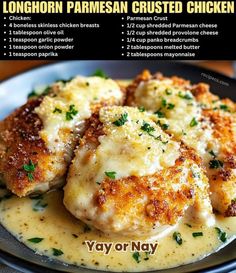 chicken parmesan crusted chicken is served with gravy on a plate