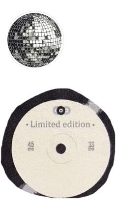 a disco ball is in the air next to a black and white disk that says limited edition