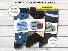 three pairs of socks with different sayings and pictures on them, one is for men's sock printable labels