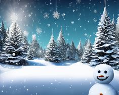 a snowman is standing in the middle of a snowy landscape with trees and snow flakes