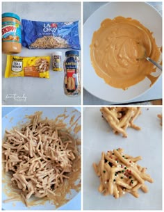 four different pictures with peanut butter and pretzels in them, one is being spread out