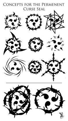 some black and white images with different designs on them, including an image of a demon's head