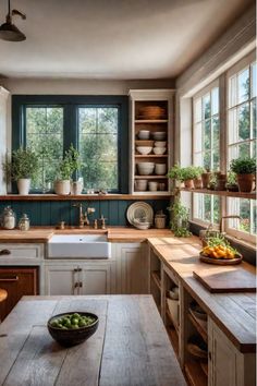 a kitchen filled with lots of wooden counter tops