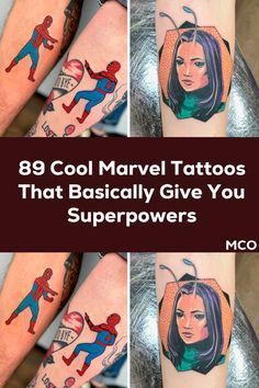 many different tattoos on the legs of people with spider - man and captain america designs