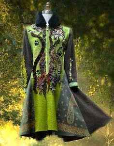 "Fantasy wearable art sweater COAT is handcrafted of repurposed and up cyled textiles. Size Large/XLarge. Bust: 41\"- 42\"(104 -107 cm), Waist: 40\" (102 cm), Hips: 45\" (114 cm), Sleeves length: 23,5\" - 24,5(59- 62 cm), The circumference of the upper sleeve is 14\"(36 cm), Length from the shoulder down: 42\"- 46\"(107- 117 cm) Would you like to see the rest of the Amber Studios coat's collections? Winter Wonderland: https://www.etsy.com/shop/amberstudios?ref=seller-platform-mcnav§ion_id=209966 Bohemian Patchwork Sweater Coat For Winter, Fall Lagenlook Outerwear With Patchwork, Victorian Coat, Upcycled Jackets, Crafting Corner, Art Sweater, Wearable Art Clothing, Upcycled Clothes, Upcycle Sewing