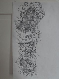 a drawing of a dragon and flowers on paper