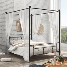 a bedroom with white brick walls and an iron bed frame in the middle, surrounded by pillows and blankets