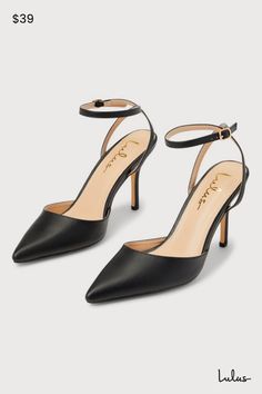 You're sure to be the classiest babe in the room when you have the Lulus Azalian Black Pointed-Toe Ankle Strap Heels! Smooth faux leather shapes these must-have heels that feature a pointed-toe upper with a low-cut collar and a slender adjustable ankle strap that secures with a gold buckle. A classic stiletto heel completes the sophisticated look! 3. 5" wrapped stiletto heel. Cushioned insole. Rubber sole has nonskid markings. All Man Made Materials. Imported. Lulus | Azalian Black Pointed-Toe A Black Closed Toe Heels, Black Pointed Heels, Ankle Tie Heels, Work Heels, Black Ankle Strap Heels, Black Stiletto Heels, Closed Toe Heels, Black Shoes Heels, Size 11 Heels