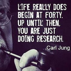 a man holding a pipe and looking at the camera with a caption that reads, life really does begin at forty up until then you are just doing research