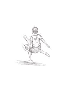 a black and white drawing of a person kicking a soccer ball