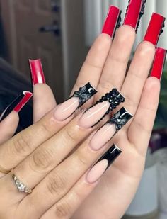 #red #black #nailart Red Nails Black Underneath, Homecoming Nails Red And Black, Silver Red Black Nails, Black And Red Nails Birthday, Red A D Black Nails, Black And Red Under Nails, Red And Black Medium Nails, Red Nails Birthday Set, Red Nail Designs Medium Length