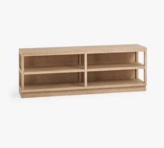 a wooden shelf with three shelves on one side and two open ones on the other