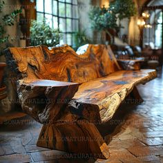 a wooden bench sitting on top of a stone floor