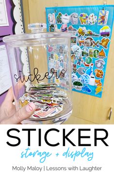 a person holding up a glass container with stickers on it and the words sticker storage plus display below