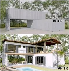 two renderings of a house with a pool in the front and an above ground swimming area