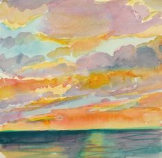 watercolor painting of colorful clouds over the ocean