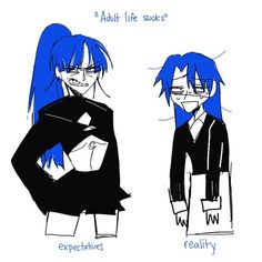 two anime characters with blue hair, one is wearing glasses and the other has an expression that