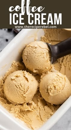 three scoops of coffee ice cream in a white container with the title overlay