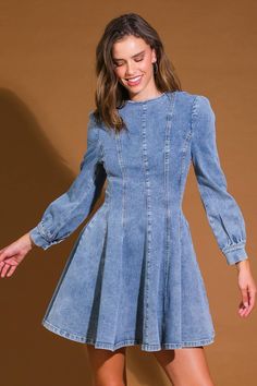 A washed denim mini dress with round neckline, long sleeve, skater skirt and back zipper closure Details: Self : 97% Cotton 3% Spandex Size & Fit - Model is 5`9" And Wearing Size Small- Measurements Taken From Size Small- Approx. Length: 34" Flying Tomato, Denim Mini Dress, American Classic, Washed Denim, Country Chic, Denim Mini, Classic Christmas, Swimwear Tops, Denim Wash