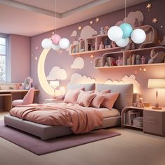 a bedroom decorated in pastel colors with clouds and stars on the wall