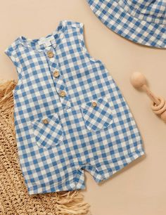 Gingham All in One - Atlantic Gingham - Purebaby Baby Dress Embroidery, Gingham Romper, Newborn Baby Dresses, Sewing Baby Clothes, Kids Dress Wear, Kids Fashion Dress, Kids Designer Dresses