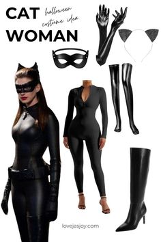 a woman in black catsuits and catwoman mask is standing next to her