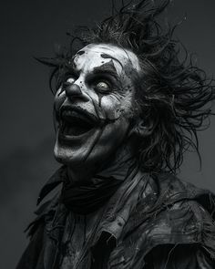 a man dressed as the joker with his hair blowing in the wind and makeup on