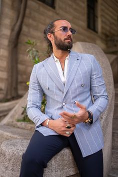 Bojoni Leclerc Sky Blue Slim Fit Double Breasted Striped Blazer Interchangeable Wardrobe, Double Blazer, Casual Suits, Suits Clothing, Dapper Style, Slim Fit Blazers, Formal Outfits, Spring Summer Collection