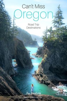 a woman standing on top of a cliff next to the ocean with text that reads can't miss oregon road trip destinations