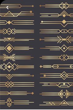 a set of gold art deco elements on a black background, including lines and arrows